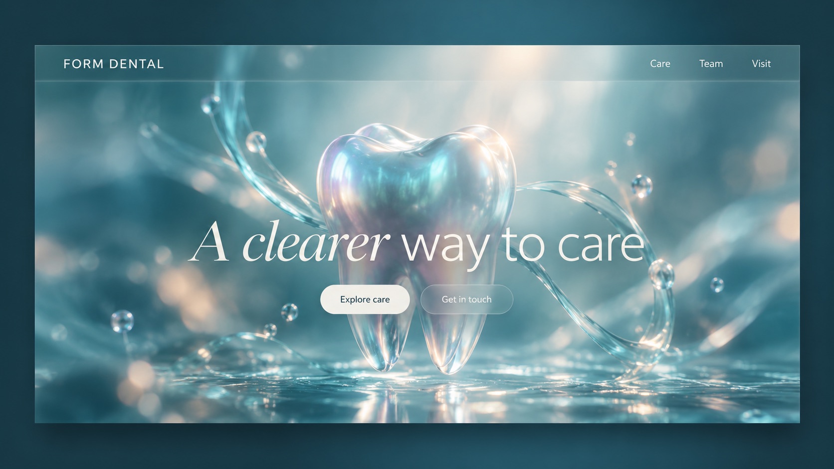 Fictional dental website concept with a pearlescent tooth and cinematic teal layout