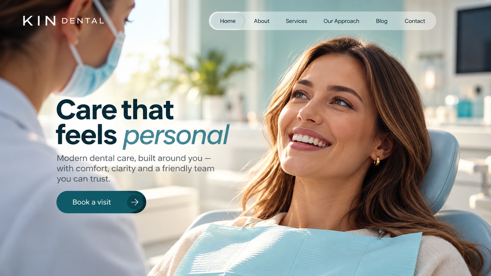 Fictional dental website concept showing an adult patient smiling with a clinician