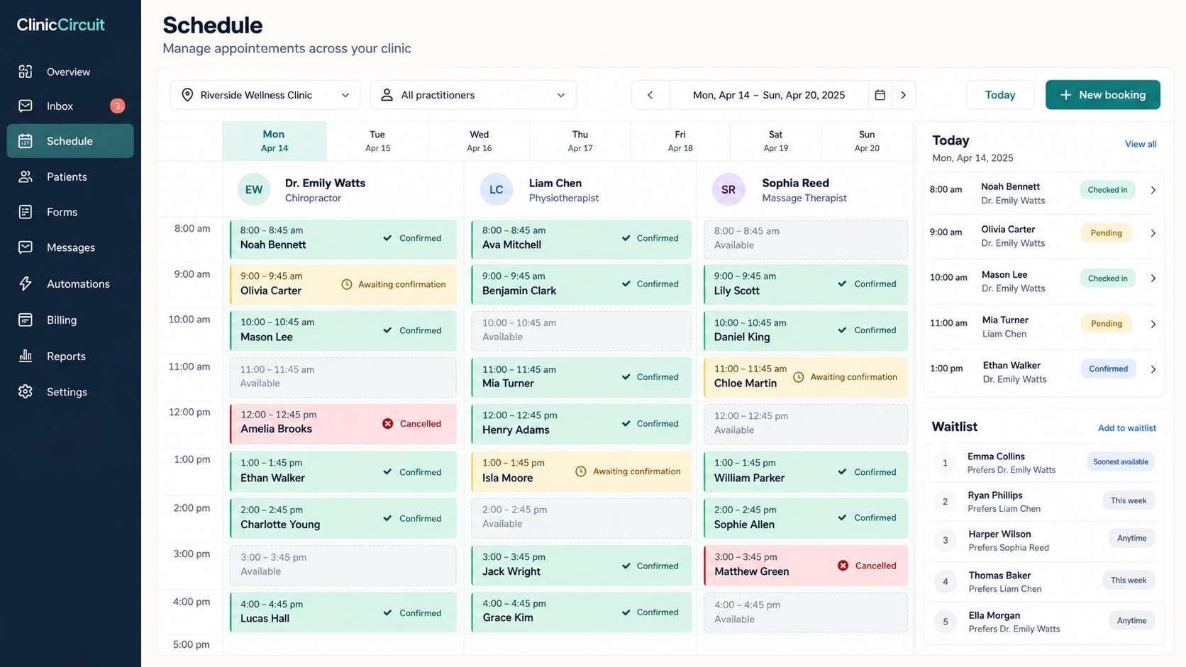 Fictional clinic CRM schedule concept