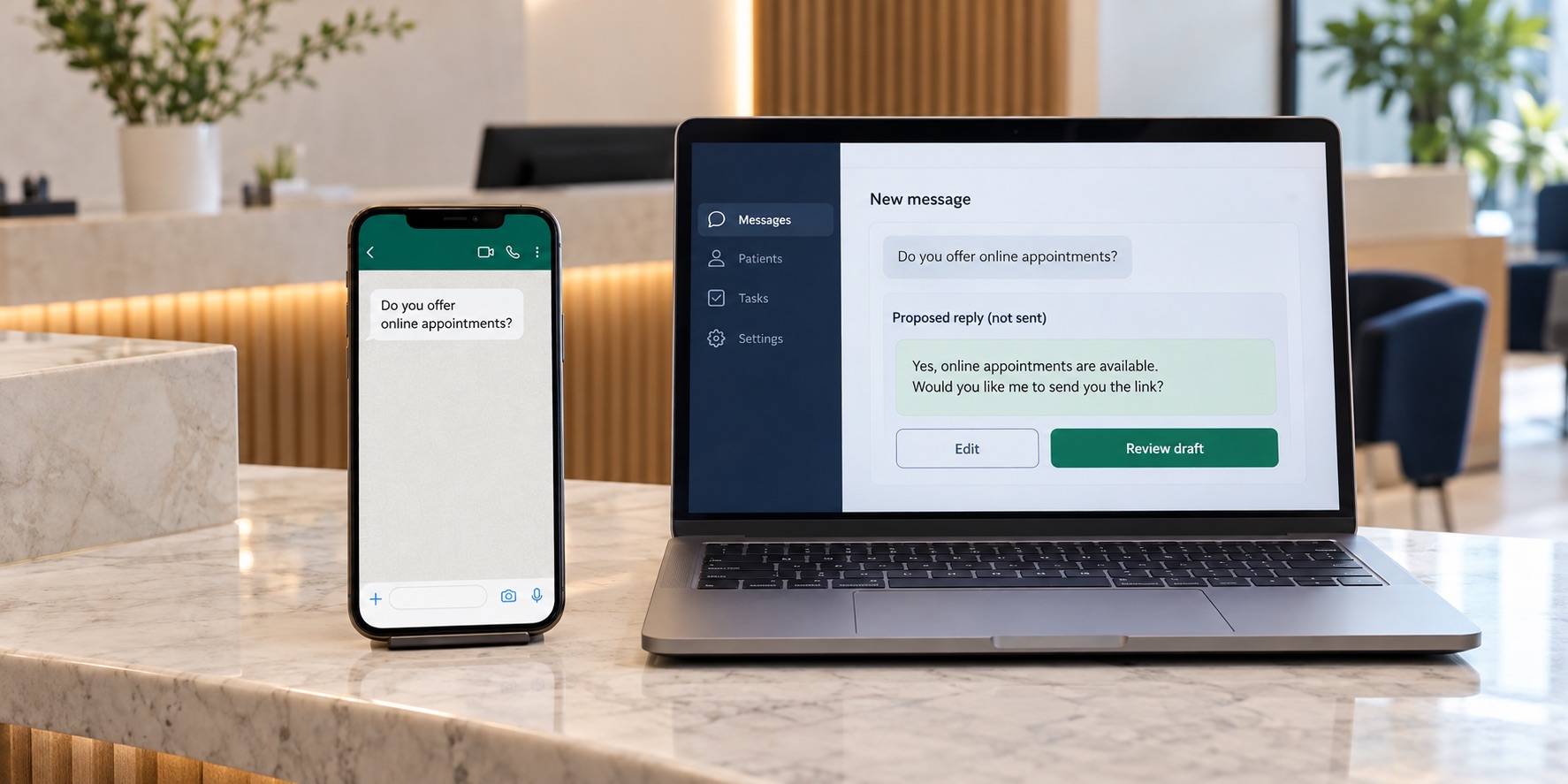 Fictional WhatsApp-style enquiry on a phone beside an unsent draft waiting for staff review on a laptop